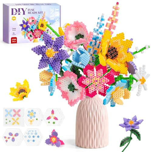 WEVOL Bügelperlen Bastelset Blumen, 4300 Steckperlen 5mm in 16 Farben mit Aufbewahrungsbox, Steckplatten, 14 Vorlagen und Zubehör, Kreatives DIY Blumenstrauß Basteln Geschenk für Kinder Mädchen