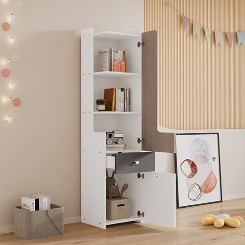 OKMYHOME Bücherregal, hoch, mit L-Tür und Schublade – modernes Aufbewahrungsmöbel für Jugendzimmer – Regal aus MDF, weiß, helle Eiche und Grau – 45 x 40 x 184 cm