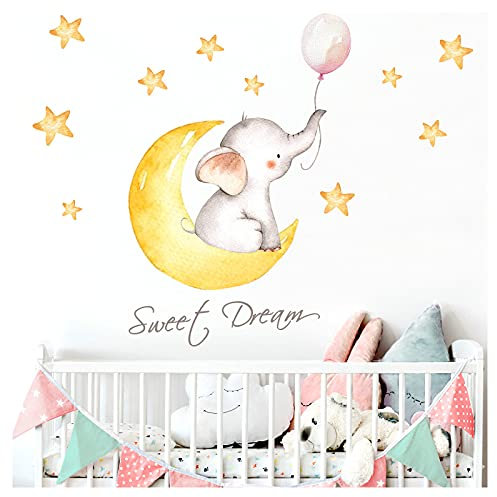 Little Deco Kinderzimmer Aufkleber Mädchen Elefant & Spruch Sweet Dream I 121 x 58 cm (BxH) I Mond Sterne Wandaufkleber Wandtattoo Tiere Deko Babyzimmer DL207-12