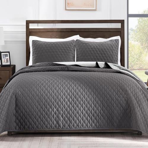 Exclusivo Mezcla Reversibel Tagesdecke als Bettüberwurf mit Kissenbezüge | 220x240 CM, Große Wohndecke Steppdecke für alle Jahreszeiten, leicht und weich, Maschinenwaschbar, Grau
