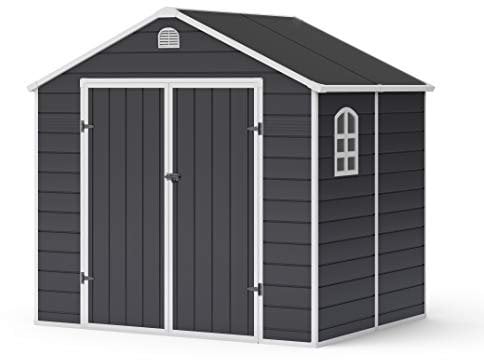 BillyOh Ashford Apex Plastic Garden Sheds with Lockable Wide Double Doors - 8x6 ft Outdoor Storage Shed for Tools & Bikes, Fade-Free Plastic Shed Storage with Built-in Window and Floor Base, Grey