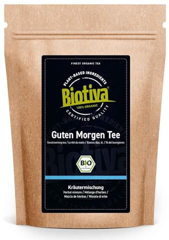 Tè del buongiorno 100g bio | miscela di tisane | foglie di mora, foglie di lampone, menta piperita, mate (verde), fiori di fiordaliso e fiori di calendula | taglio | Biotiva