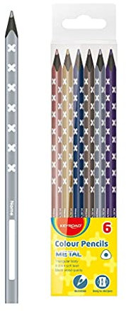 KEYROAD Buntstifte Metallic Dreikantform - 6 Stück/Mischfarben/Erwachsene und Kinder/Schwarzes Holz/Loch zum Aufhängen, KR971869
