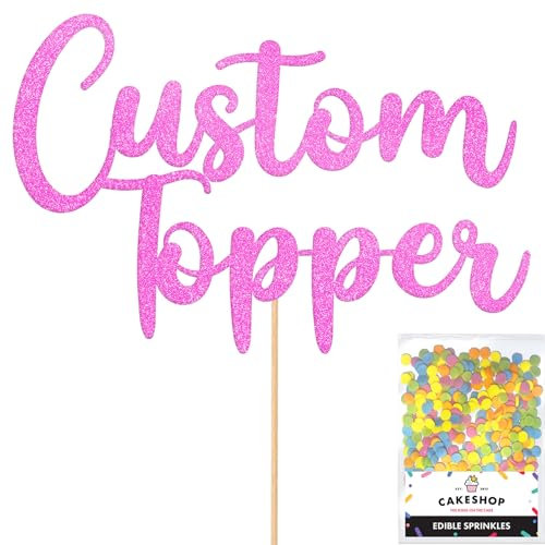 Any Text Personalised Glitter Cake Topper - Light Pink Name, Age, Words Glitter Cake Decoration and Sprinkles - Happy Birthday Decorations - Personalised Toppers for Cakes by Cakeshop