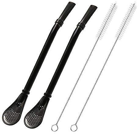 Pajitas de acero inoxidable con cuchara de filtro, paquete de 2 pajitas de té, barra agitadora de café para té helado, cóctel, con 2 cepillos de limpieza (negro)