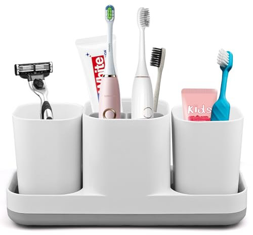 Toothbrush Holder with Tumblers Set, Multifunctional Electric Toothbrush Holder, Toothbrush Caddy Toothpaste Razors Stand for Bathroom Countertop 3 Compartment Storage Box (White)