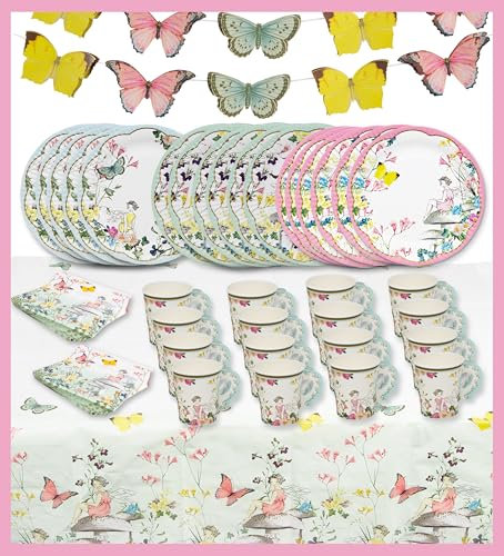 Talking Tables Décorations de fête de thé féerique pour 16 personnes, banderole papillon, assiettes, serviettes, tasses, joli ensemble d'anniversaire pour enfants, fête des mères, fête prénatale