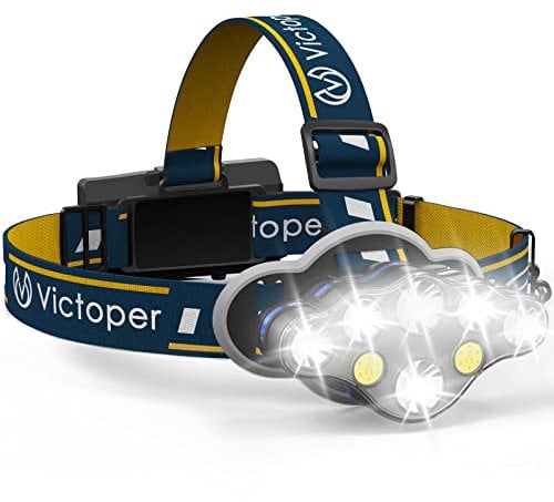 Victoper Head Torch Rechargeable – Super Bright 18000 Lumens Storage Bag 5 X Clips 8 Lighting Modes Headlamp LED Rechargeable, LED Head Torch, Hands-Free Flashlight for Camping, Fishing