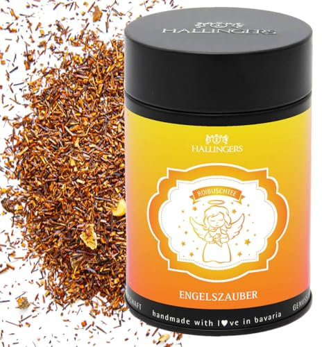 Hallingers Engelszauber - Weihnachtlicher loser Roibusch-Tee/Rooibos Orange, Vanille & Mandel Geschenk zu Advent & Weihnachten (Dose) - Geschenk im Sommer & als perfektes Grillgeschenk | Genesung Silv