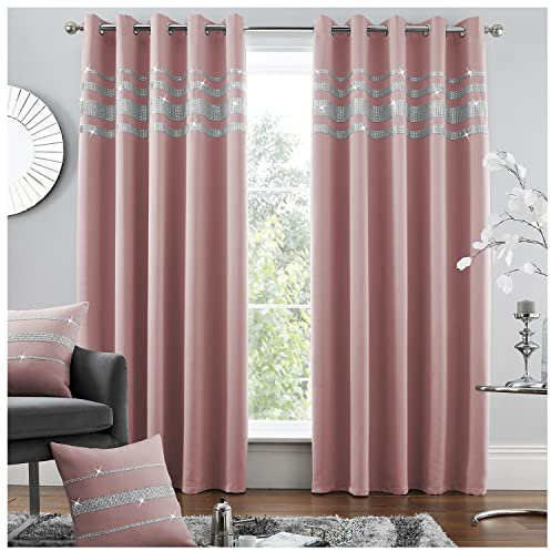 GC GAVENO CAVAILIA Kendal Diamante Thermal Blackout Curtains Ring Top Eyelet Curtain Pairs With Two Tie Backs, Blush Pink, 66X90 Inch 654193