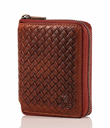 MATADOR® Granada Echt Leder Geldbörse Damen Portemonnaie Herren Geldbeutel Reissverschluss mit TüV geprüftem RFID Schutz & NFC Blocker in Caro BRAUN