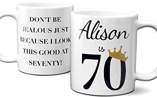Thoughtful Gifts Personalised 70th Mug, 70th Birthday Mug, Personalised Mug for 70-Year-Old Woman, Personalised Cup for 70th Birthday, Personalised Gift for 70-Year-Old. Just add Name.