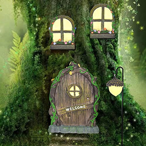 Angelkiss 7 Stück Feentür Harzmaterial Wichteltür Outdoor Im Dunkeln Leuchten Feengarten Tür Retro und Mystische Elfentür Fenster Lampe Baumtür für Gärten Bäume Innendekoration.