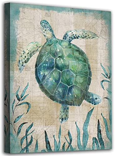 Schildkröte Leinwand Wandkunst Türkis Meeresschildkröte Bilder Grün Wasserpflanzen Wanddekoration Ozean Tier Leinwanddruck Meeresleben Kunstwerk für Badezimmer Dekoration Gerahmt Fertig zum Aufhängen