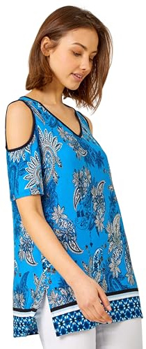 Roman Originals Leaf Print Cold Shoulder Top for Women UK - Ladies Everyday Holiday Spring Summer V Neckline Comfy Soft Evening Vacation Work Party - Blue - Size 12