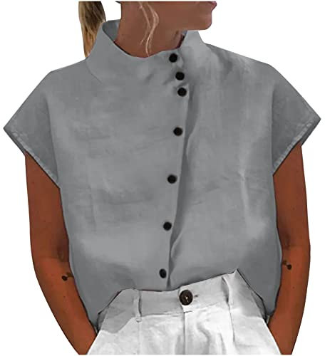 Ceboyel Camicia estiva da donna in lino elegante casual boho camicette manica corta collo alto top signore alla moda vestiti per uscire, Grigio #9, XX-Large
