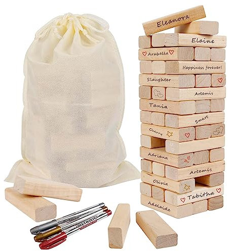 TGFIX 48 Stück Holzturm als Hochzeit Gästebuch Unterschriftenbuch zur Hochzeit Holz Hochzeitsbuch Hochzeitsgästebuch Hochzeitsspiele Jahrestag Geschenk mit Aufbewahrungsbeutel und 3 Metallic Markern