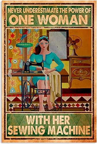 Vintage Lustige Neuheit Metallschild Kreative Blechschild Frau Nähen Schilder Raumdekor Plakette Power Of Woman With Her Sewing Machine Poster Wanddekoration Dekorative Schilder & Amp; Plaketten 14 x