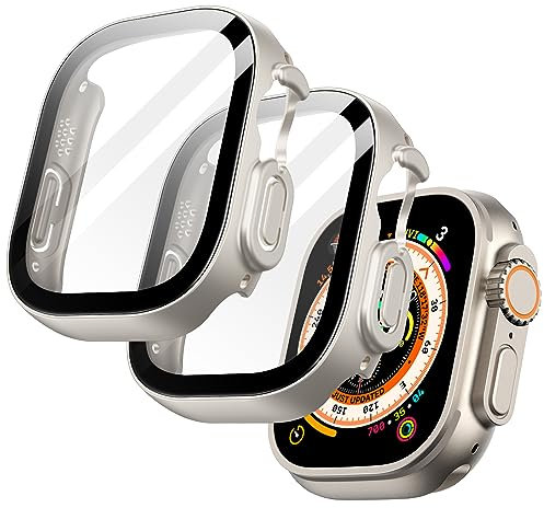 JETech Funda con Protector de Pantalla para Apple Watch Ultra 2/1 49mm, Cover Protectora Completo, Película Cristal Vidrio Templado, 2 Unidades (Blanco Estrella)