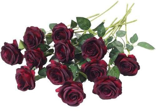 Laelfe 12 Pcs Rose Finte per Decorazioni, Bouquet Fiori Finti di Rosa con Steli Lunghi, Rose Artificiale per Composizioni di Nozze Casa Giardino Partito Decorazioni Floreali (Rosse Vino)