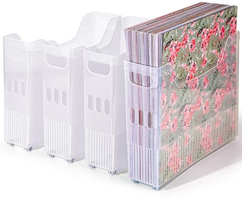 Caydo 4 Pack 12 x 12 Scrapbook Paper Storage with Wheels, Plastic Scrapbook Storage Bin for Holding 12 x 12 Papers, Scrapbook Papers, Vinyl Sheets, Cardstocks