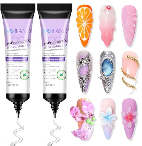 SAVILAND Sculpting Gel for 3D Nail Art: 2X Strong Molding 3D Nail Gel 2 Pcs 15 g No-Wipe Clear 3D Gel Nail Art Castor Oil VE Nail Molding Gel for Silicone Nail Molds Decor Gem Jewel SSProSculpt X