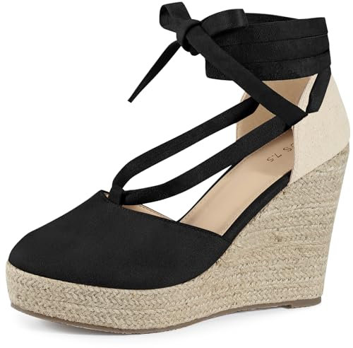 Perphy Sandalias de alpargata con plataforma con cordones y puntera cerrada, sandalias de cuña de verano para mujer Negro 37