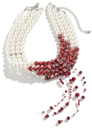 Danshinbow Halloween Layered Pearl Quasten Choker Gothic Halskette Armband Blut Tropfen Anhänger Einstellbare Halsketten Armbänder für Frauen und Mädchen (Rote Halskette)