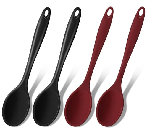 GEEKHOM Silikonlöffel, 4 Stück Kochlöffel Silikon Rührlöffel Hitzebeständig Serviertischlöffel Antihaft Silikon Löffel für Camping-Essen Kochen Rühren Mixen Backen, 20,3cm, Schwarz/Rot