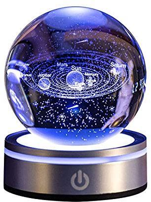 GAESHOW Bola de Cristal 3D, Bolsa de Cristal de Sistema Solar 3D, 8cm/3.15inch Sistema Solar Bola de con la Base de la Lámpara del LED, Planetas para Aficionados a Astronomía