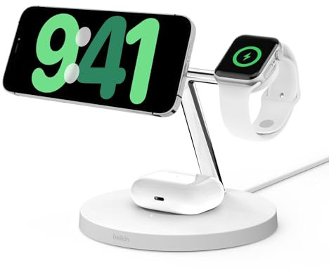 Belkin BoostCharge Pro 3-in-1 Wireless Charger with Qi2 for iPhone 16, 15, 14, 13 and 12 + Apple Watch + AirPods (Magnetically Charges iPhone 16, 15, 14, 13 and 12 Models up to 15W) - White