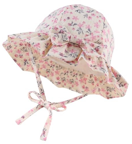 XIAOHAWANG Sommerhut Baby Mädchen UV Schutz Sonnenhut Mütze Baby Sommer Mützen Baumwolle Mit Schleife und Bindebändern (Rosa Blüten, 48cm(6-12 Monate))