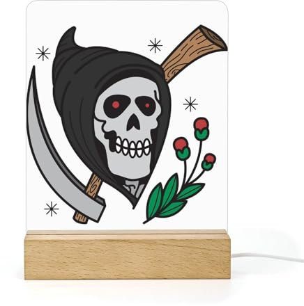 Skeleton Hat Axe Night Light LED Illusion Table Lamp for Children Birthday Present Acrylic Table Light Bedroom Lamp USB Baby Gift Night Lamp with Wooden Base