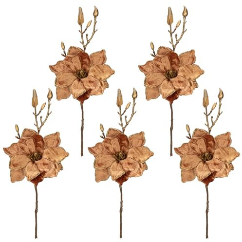 Arborus Weihnachtsblumen Weihnachtsbaumschmuck Magnolie Kunstblumen 37 CM Glitzer Blumen Weihnachtsbaumdeko Bronze Kunstblumen für Weihnachtsdeko Adventsdeko Weihnachtsarrangement Vase Deko Kranz Deko