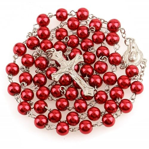Kuesn 8mm Pearl Rosary Beads Catholic Necklace Glass with Crucifix Charms Long Prayer Beads Catholic Rosary Necklace for Women Gifts (Red)
