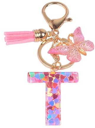 YPYMOD Nom Lettre Initiale Porte-clés, Pompons Papillon Monogramme Porte-clés, Rose(T)