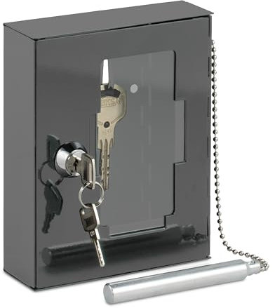 Relaxdays Notschlüsselkasten mit Glasscheibe, Hammer & Schlüssel, abschließbar, Metall, Notschlüsselbox, Notkasten, grau