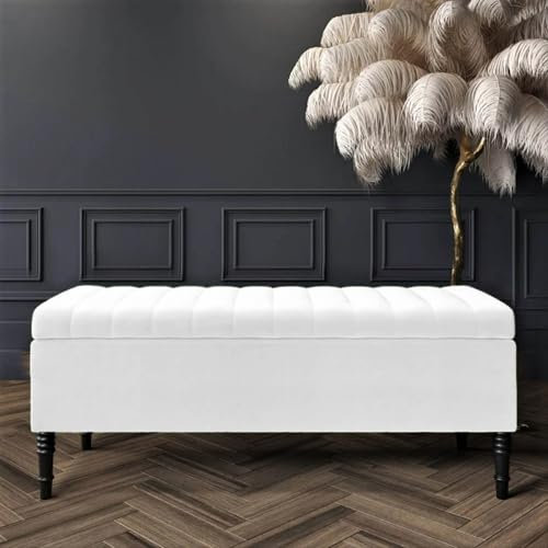 Safar Striped Ottoman Storage Bench, End of Bed Bench with Legs, Entryway Bench with Storage, Shoe Storage Ottoman Box, Rectangle Storage Footstool (White Velvet, 3ft (90x40x50)CM)