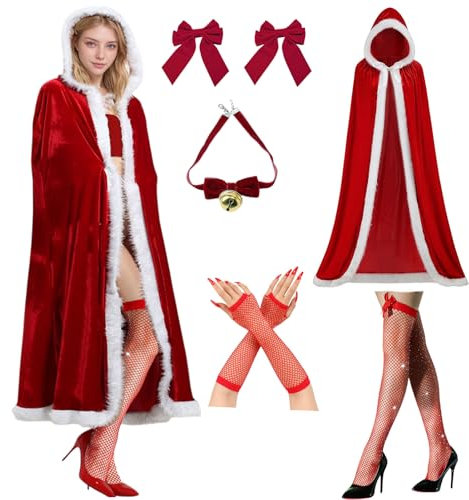 Weihnachten Santa Umhang Kapuze Damen, 150cm Weihnachtsmantel Cape Kostüm Weihnachtsfrau Rot Samt Mantel Kapuzenmantel Party Cosplay