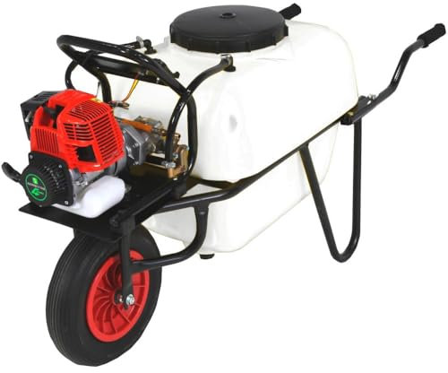 Carretilla fumigadora con motor 2 tiempos y bomba de 2 pistones 25bar 7,1ltr. Sulfatadora para todo tipo de líquidos. (100L 1 Rueda)