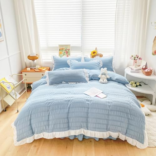 ZIQINPSQ Seersucker Duvet Cover Set Ruffle Duvet Cover Bedding Set,Romantic French Princess Style Ruffled Duvet Cover with Zipper Closure (Blue, Double)