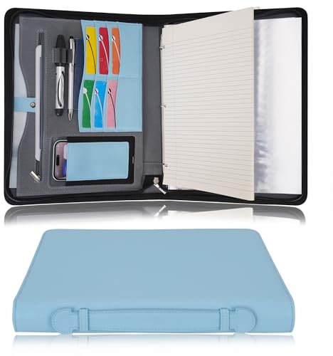 Wonderpool Porte-documents à fermeture éclair classeur à 3 anneaux A4 Padfolio étui à documents presse-papiers amovible, organisateur de bureau et d'école pour hommes et femmes (Bleu clair)