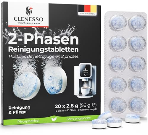 CLENESSO 2-Phases Pastille nettoyage machine a cafe (20 unités) – nettoyage compatibles avec Jura, Tassimo, Phillips, etc. – détartrant pour un nettoyage et un entretien optimaux