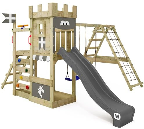WICKEY Spielturm Ritterburg DragonFlyer mit Schaukel & Rutsche, Outdoor Kinder Kletterturm mit Sandkasten, Leiter & Spiel-Zubehör für den Garten (Anthrazit)