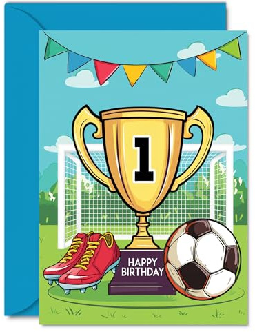 Geburtstagskarte zum 1. Geburtstag für Jungen – Champions Winners Trophäe – Fußball-Geburtstagskarte für 1 Jahr alten Jungen, Karten zum 1. Geburtstag, A5