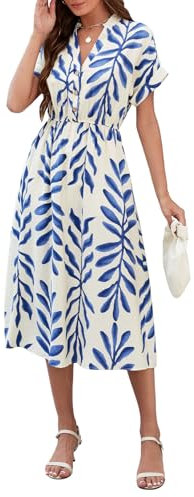 Genfien Damen Kleider Casual V-Ausschnitt Kurzarm A-Linie Kleid mit Taschen Knielanges Kleid mit Blattdruck Sommerkleider