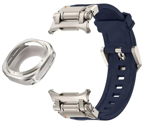 HEPUP Metallgehäuse Fluorkautschukarmband für Samsung Galaxy Watch 7 Ultra 47 mm Metallschutzhülle Sportarmband für Galaxy Ultra 47 mm FKM-Uhrenarmbänder(Blue Ti)