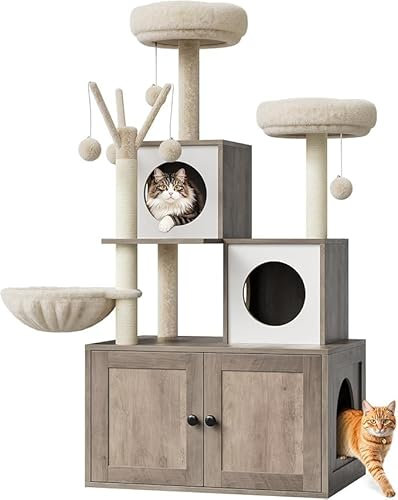 Arbre à Chat avec litière, Meuble Litiere Chat 140cm, Moderne Arbre Chats avec Kit Anti-Bascule, avec 2 Grandes Plateformes, 2 Armoires Cachées et des Balles Suspendues,Gris