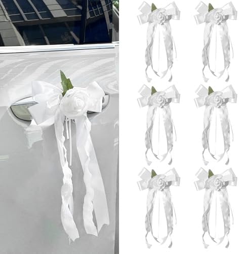 6 PCS Wedding Car Decorative Flowers, White Artificial Flower Bowknot Decors for Door Handles and Rearview Mirrors, Automotive Accessories for Bridal Shower