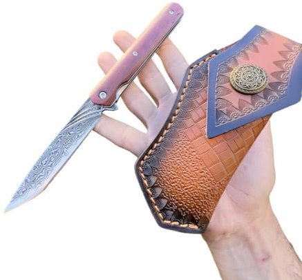 Obespina Couteau Pliant Etui Poche Damas Japonais Acier 67 Couches VG10 Damascus lame Linerlock Tranchante Manche bois Collection Cadeau Homme chasse forge artisanat collection custom camping